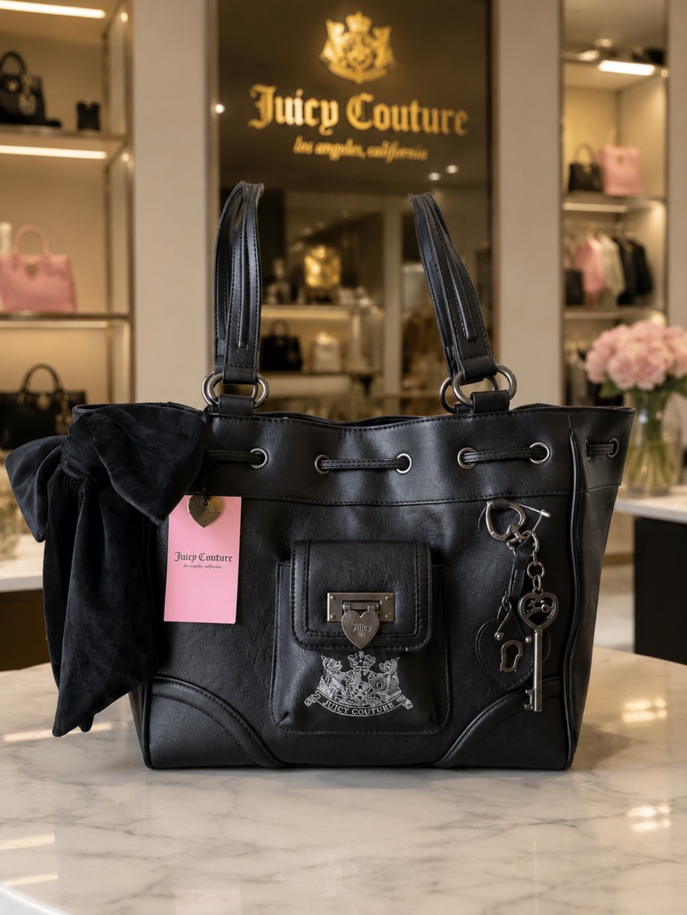 Juicy Couture Black Tote with Bow and Key Charm - ROYAL TO THE JUICY RARE BAG